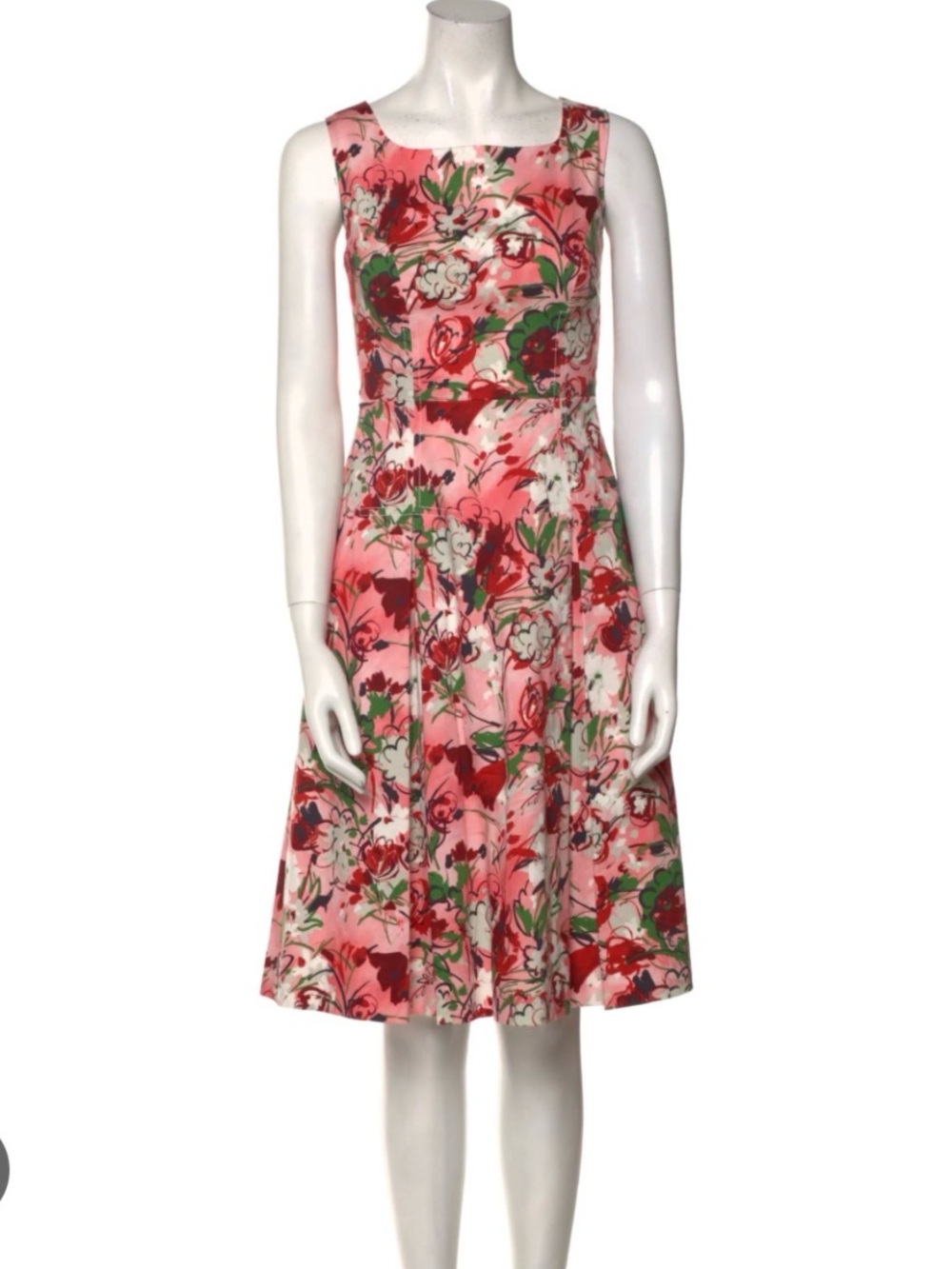 EUC Carolina Herrera Pink and Red Floral A-line V-neck Archive Print Dress